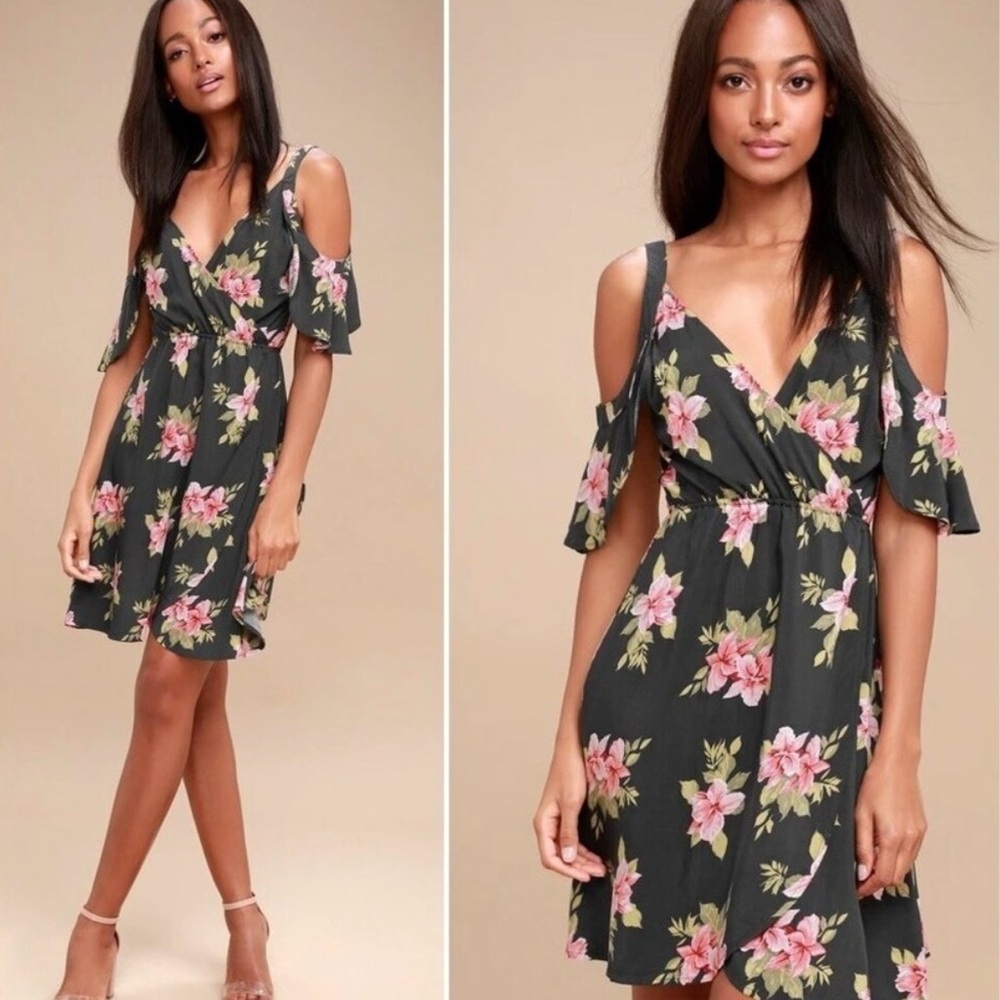 O'Neill Black Floral Cold-Shoulder Mini Dress with Pink Flowers